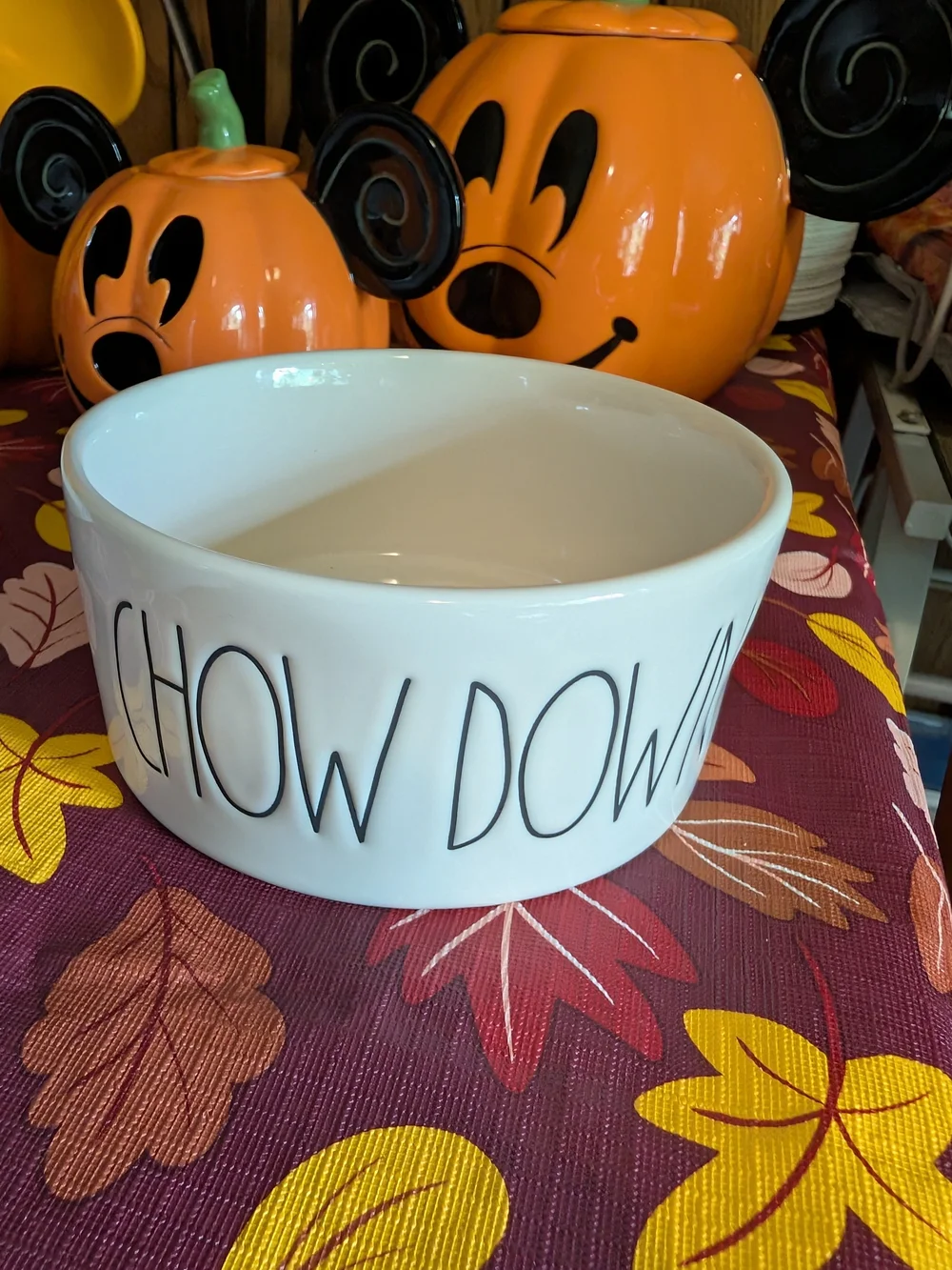 Rae Dunn White Ceramic 'CHOW DOWN' Pet Bowl with Black Lettering